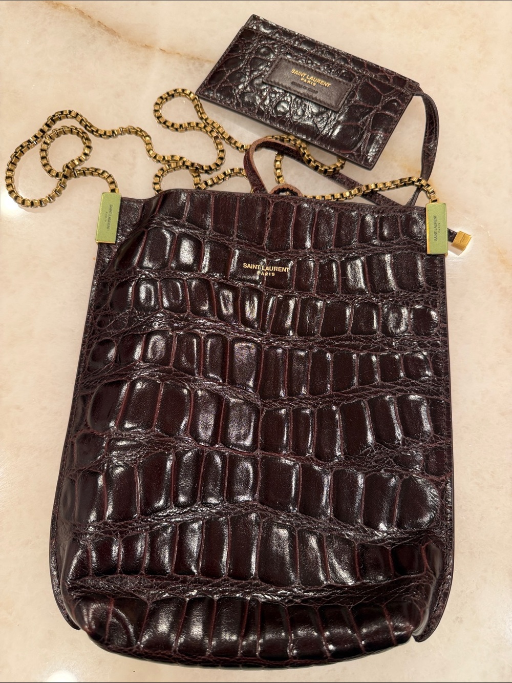 Saint Laurent Croc-Embossed Crossbody in Deep Burgundy with Gold Chain - Picture 2 of 7